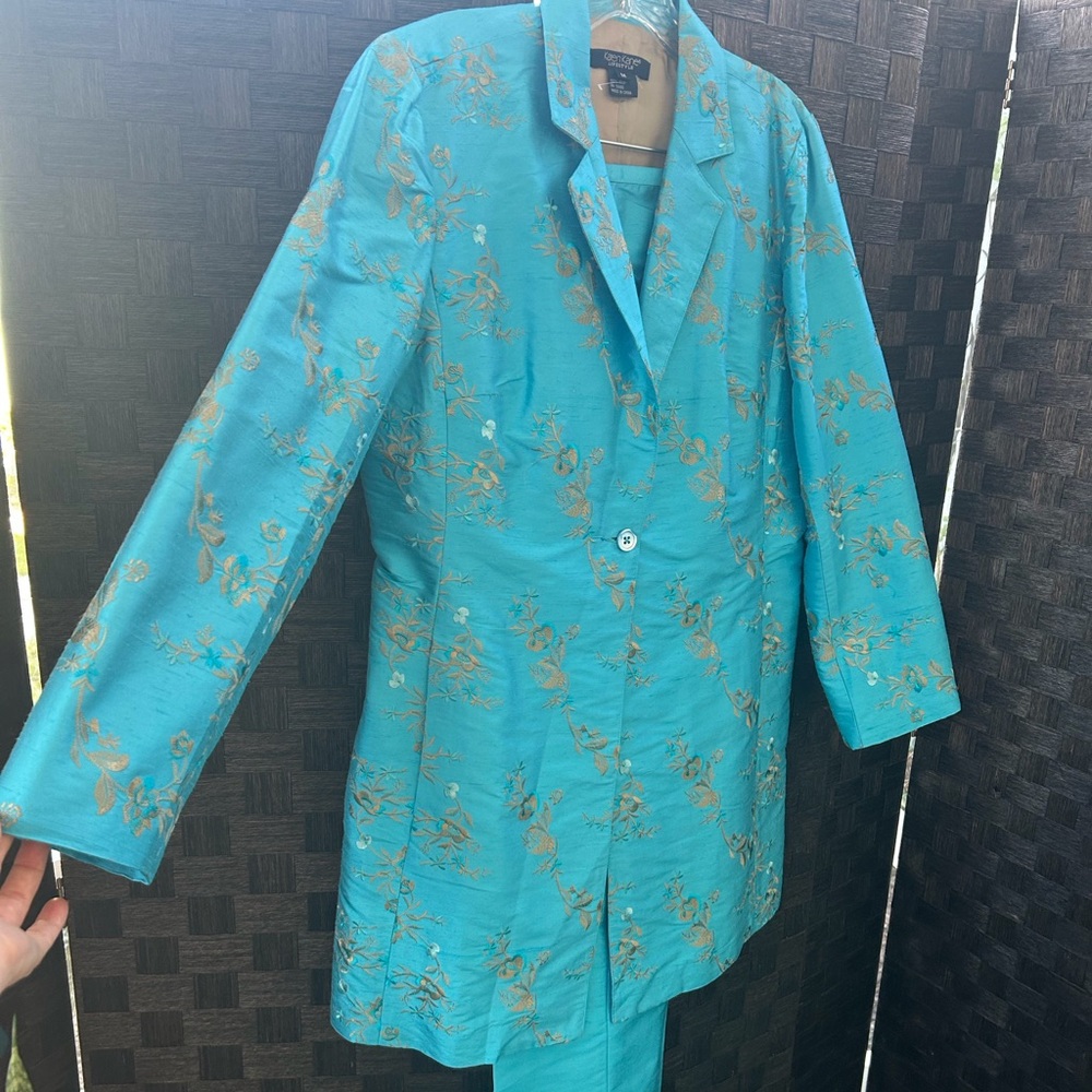 Vintage Karen Kane 2 Piece Turquoise Silk Pant Set M Embroidered Lined Elegant.